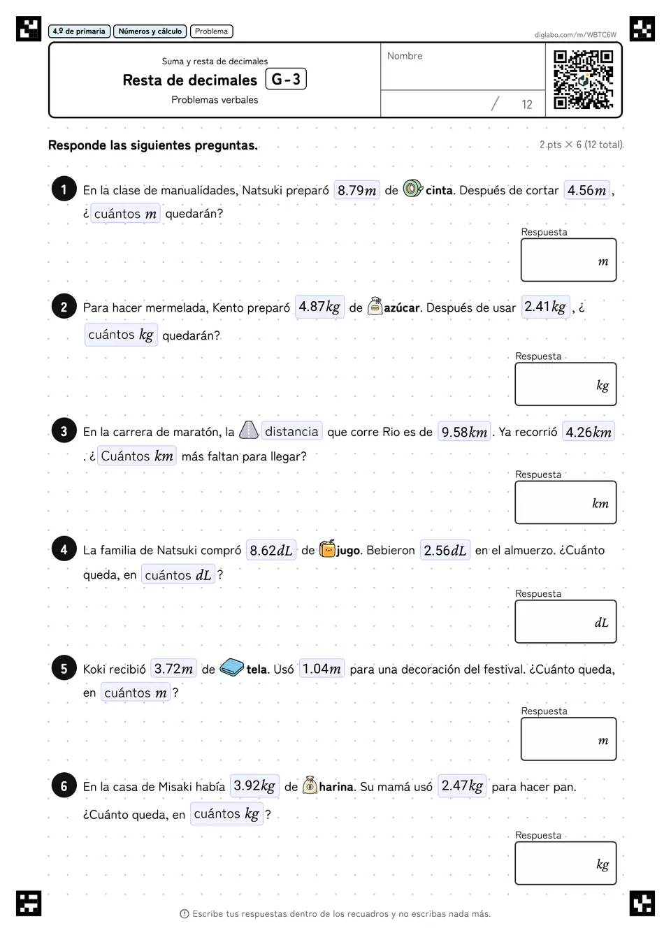 4.º de primaria Suma y resta de decimales Resta de decimales
