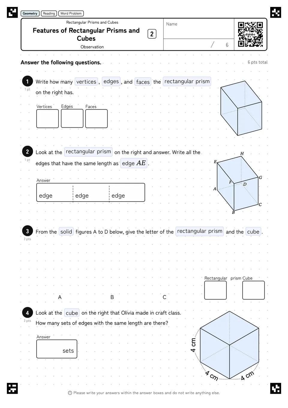 Features of Rectangular Prisms and Cubes 2