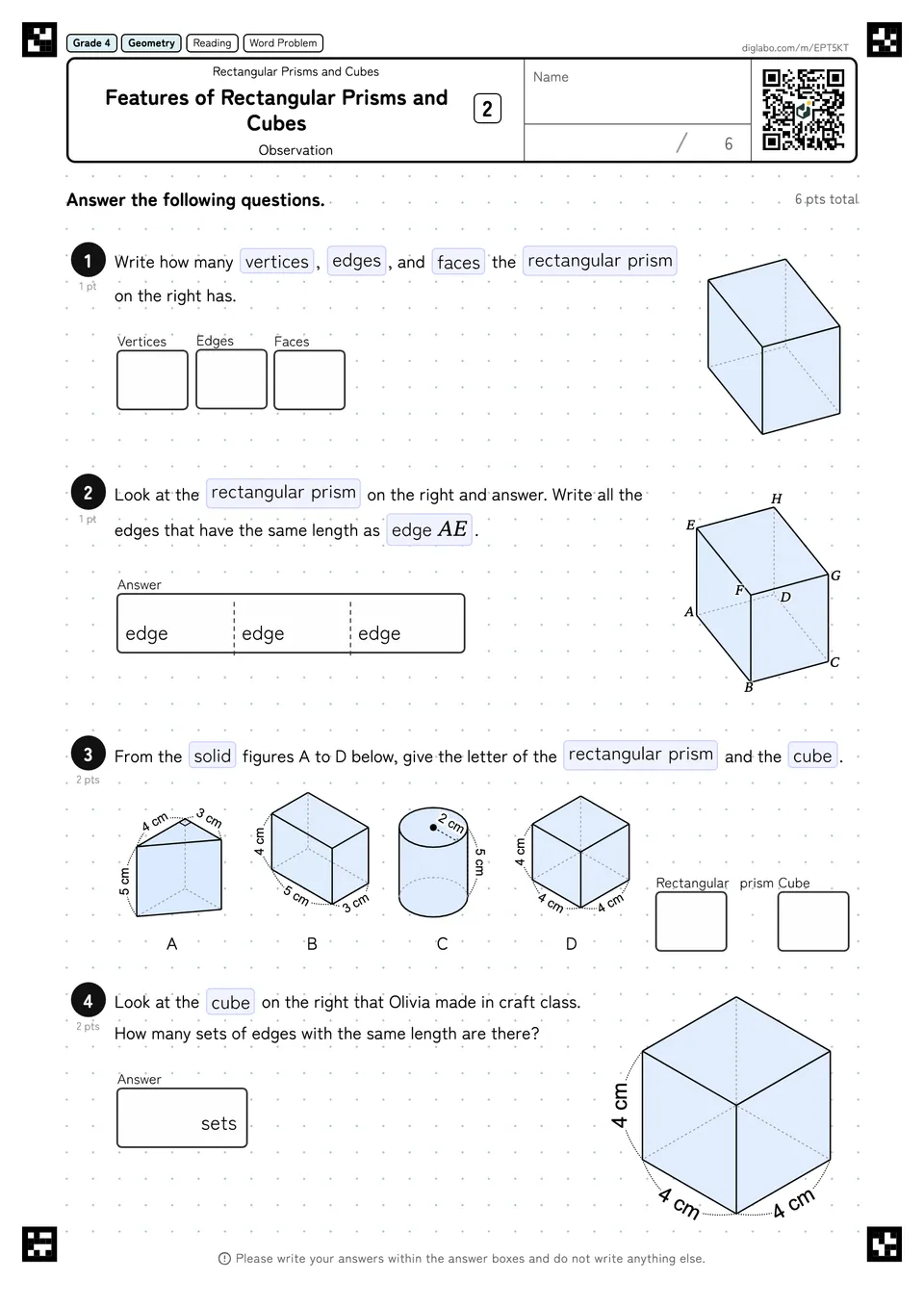 Grade 4 (Elementary School) Rectangular Prisms and Cubes Features of Rectangular Prisms and Cubes