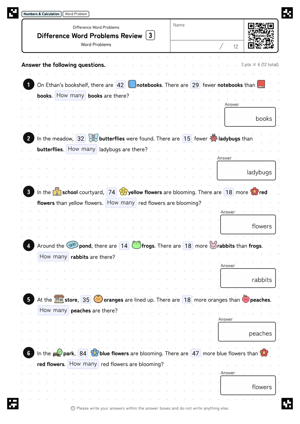 Difference Word Problems Review 3