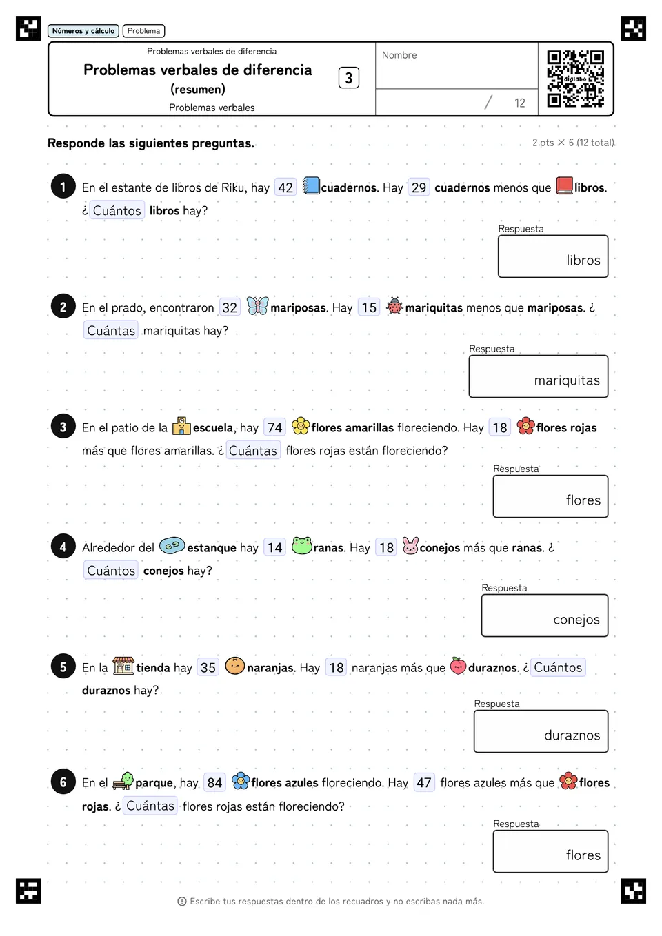Problemas verbales de diferencia (resumen) 3