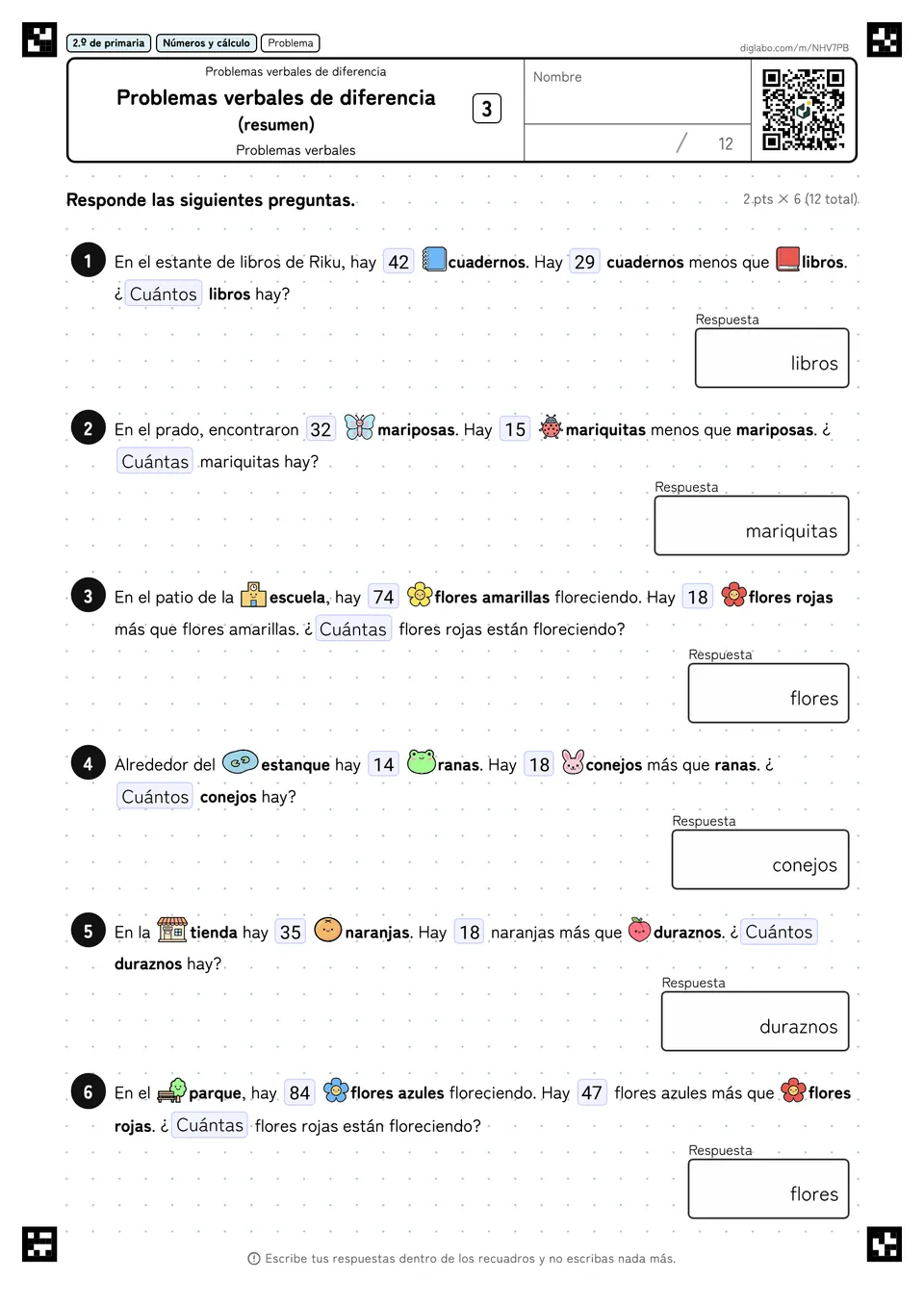 2.º de primaria Problemas verbales de diferencia Problemas verbales de diferencia (resumen)