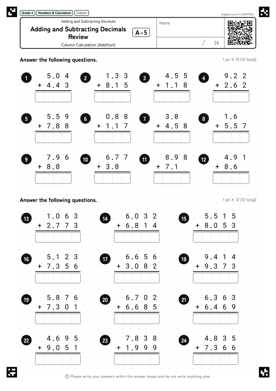 Grade 4 (Elementary School) Adding and Subtracting Decimals Adding and Subtracting Decimals Review