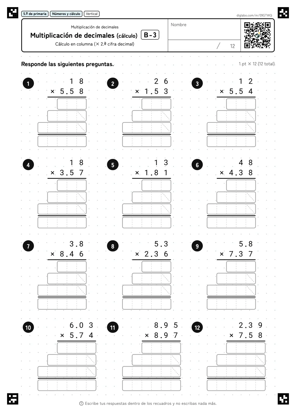 5.º de primaria Multiplicación de decimales Multiplicación de decimales (cálculo)