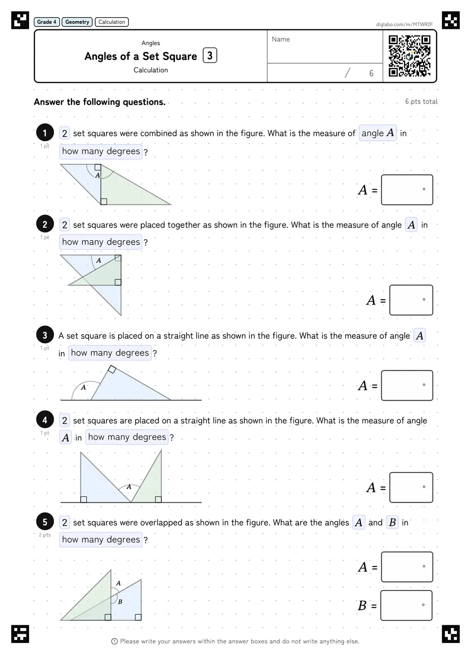 Grade 4 (Elementary School) Angles Angles of a Set Square