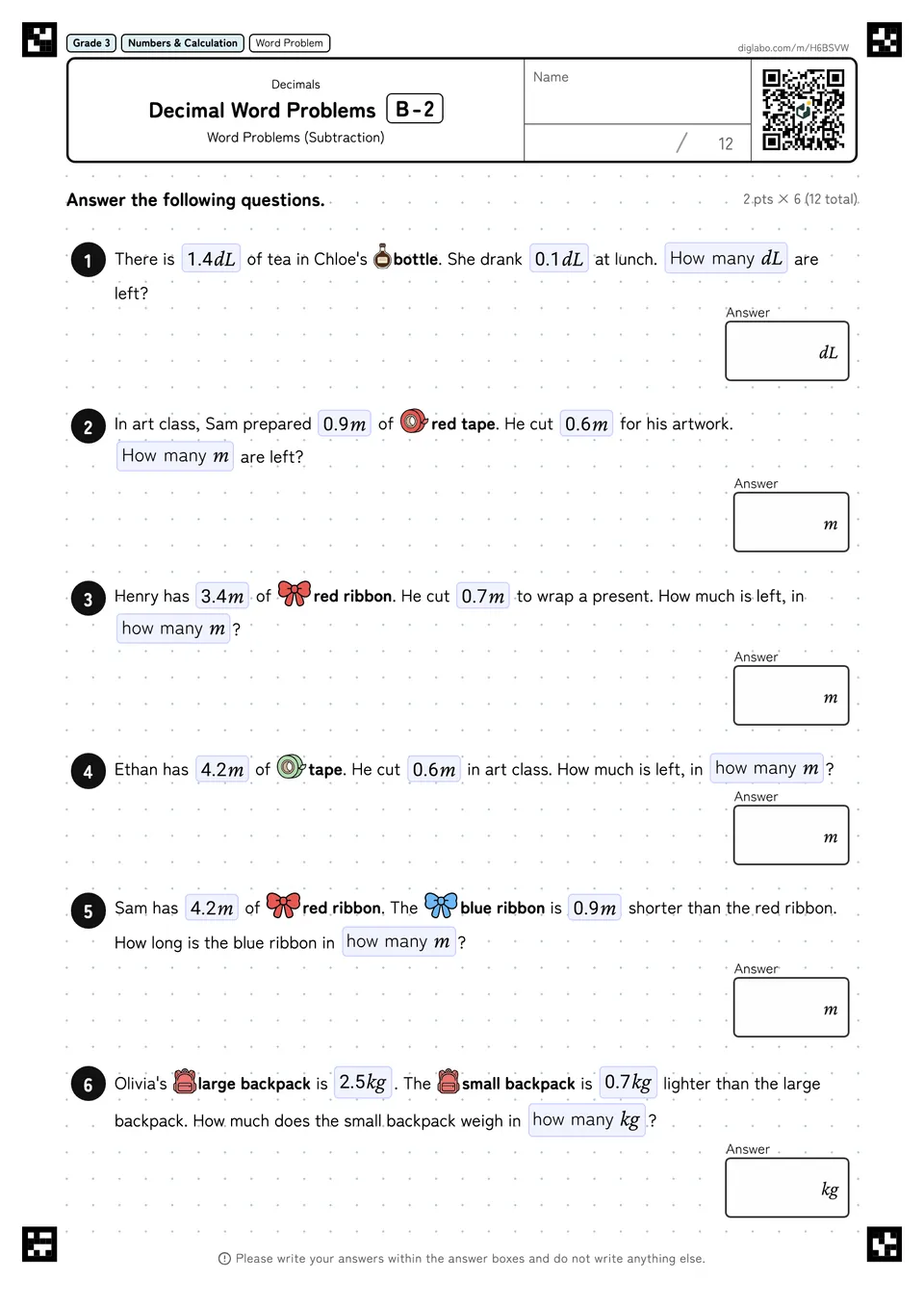 Grade 3 (Elementary School) Decimals Decimal Word Problems