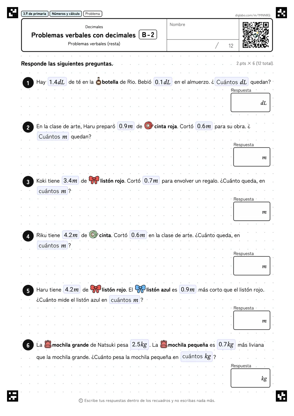 3.º de primaria Decimales Problemas verbales con decimales