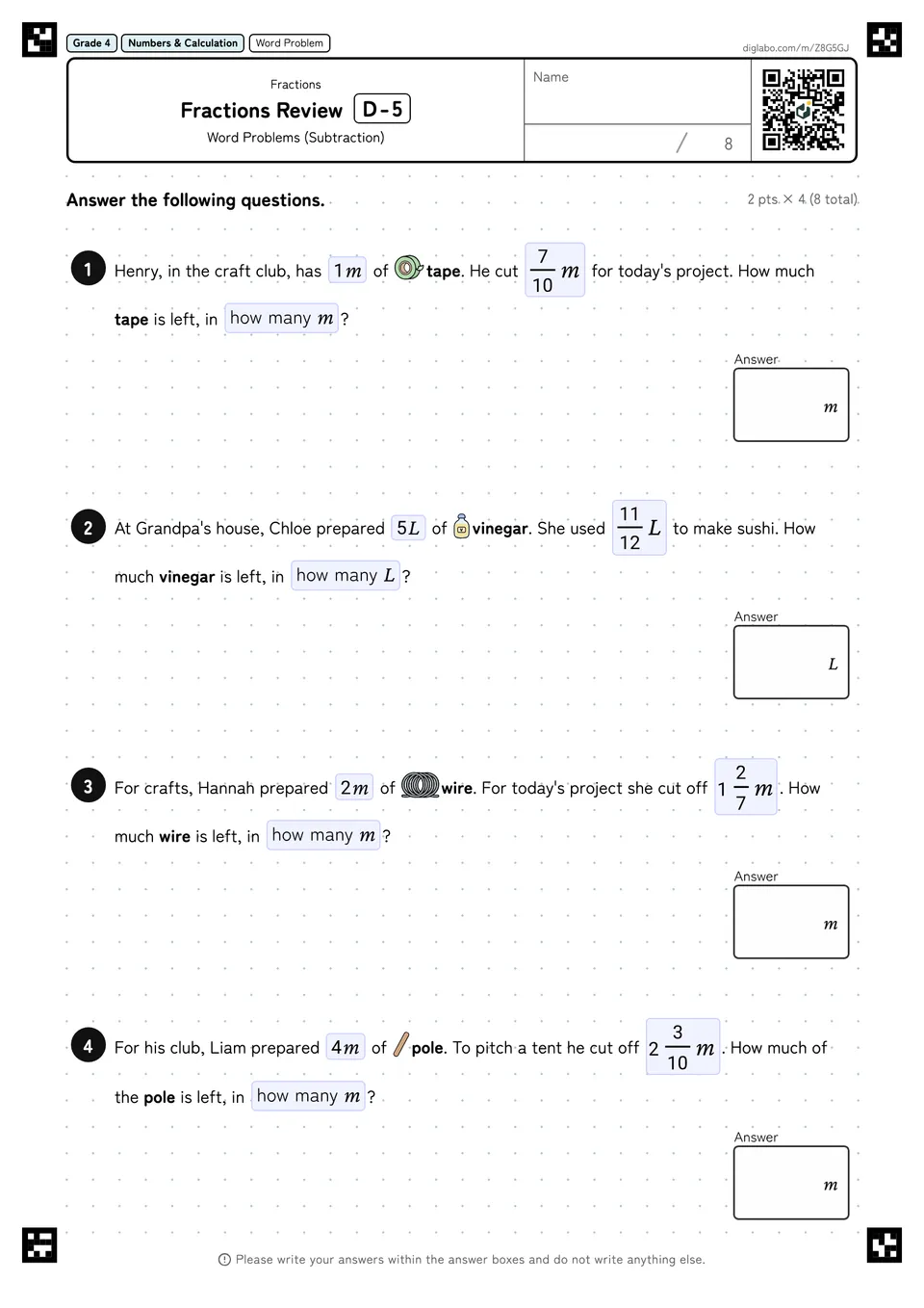 Grade 4 (Elementary School) Fractions Fractions Review