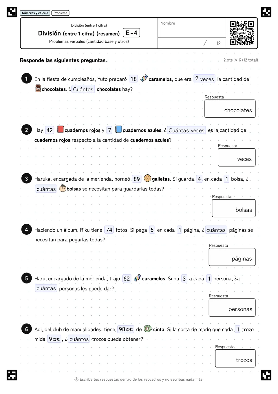 División (entre 1 cifra) (resumen) E-4