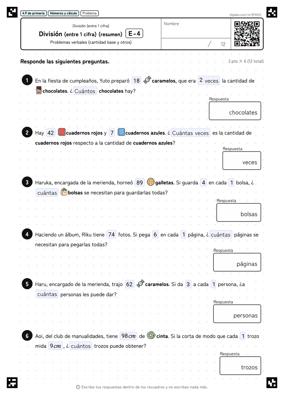 4.º de primaria División (entre 1 cifra) División (entre 1 cifra) (resumen)