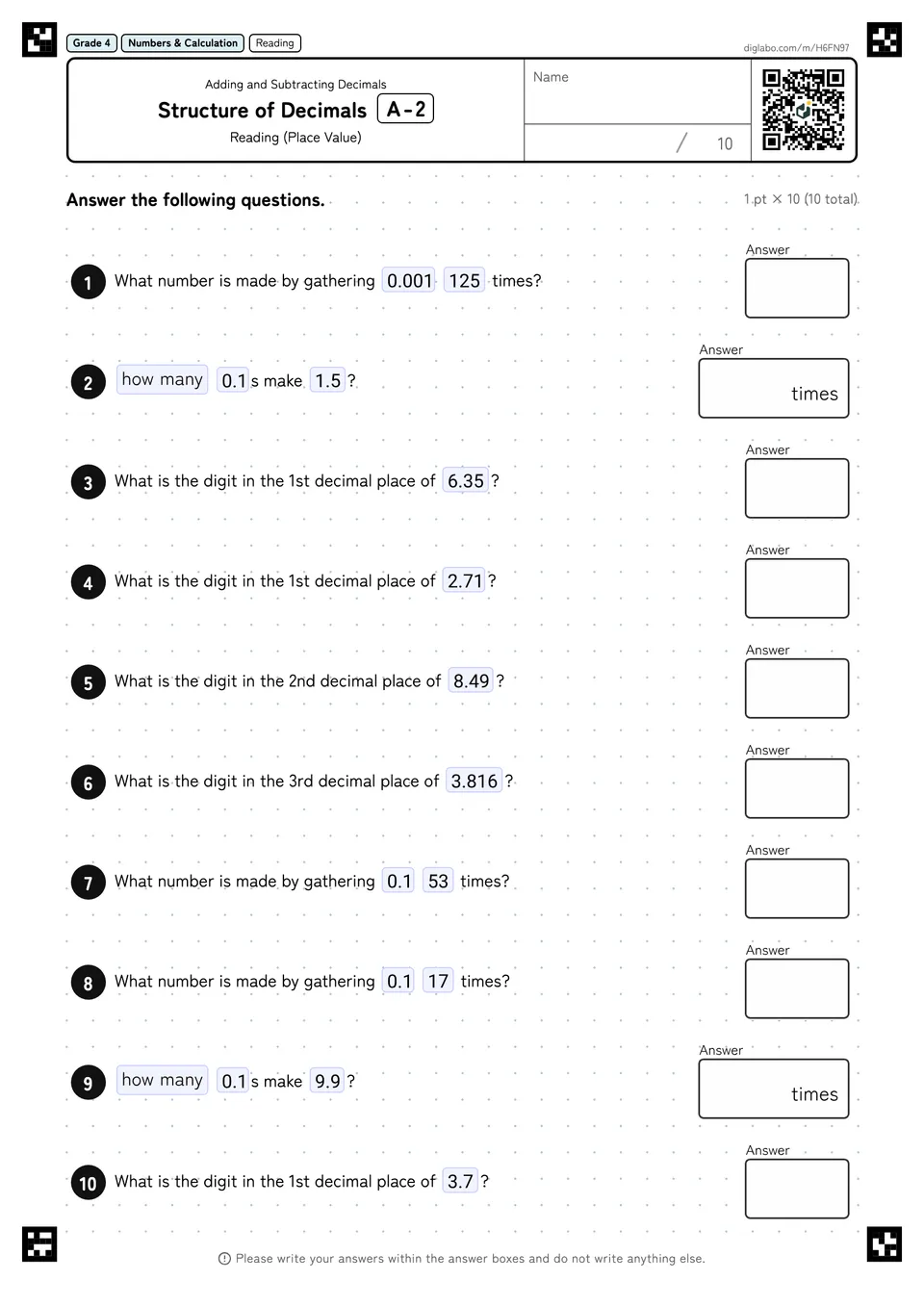 Grade 4 (Elementary School) Adding and Subtracting Decimals Structure of Decimals