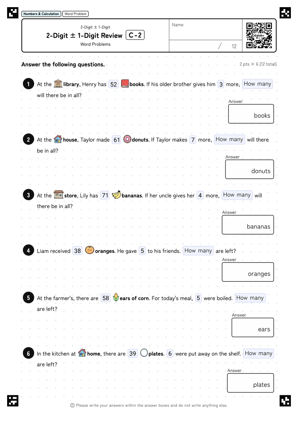 2-Digit ± 1-Digit Review C-2