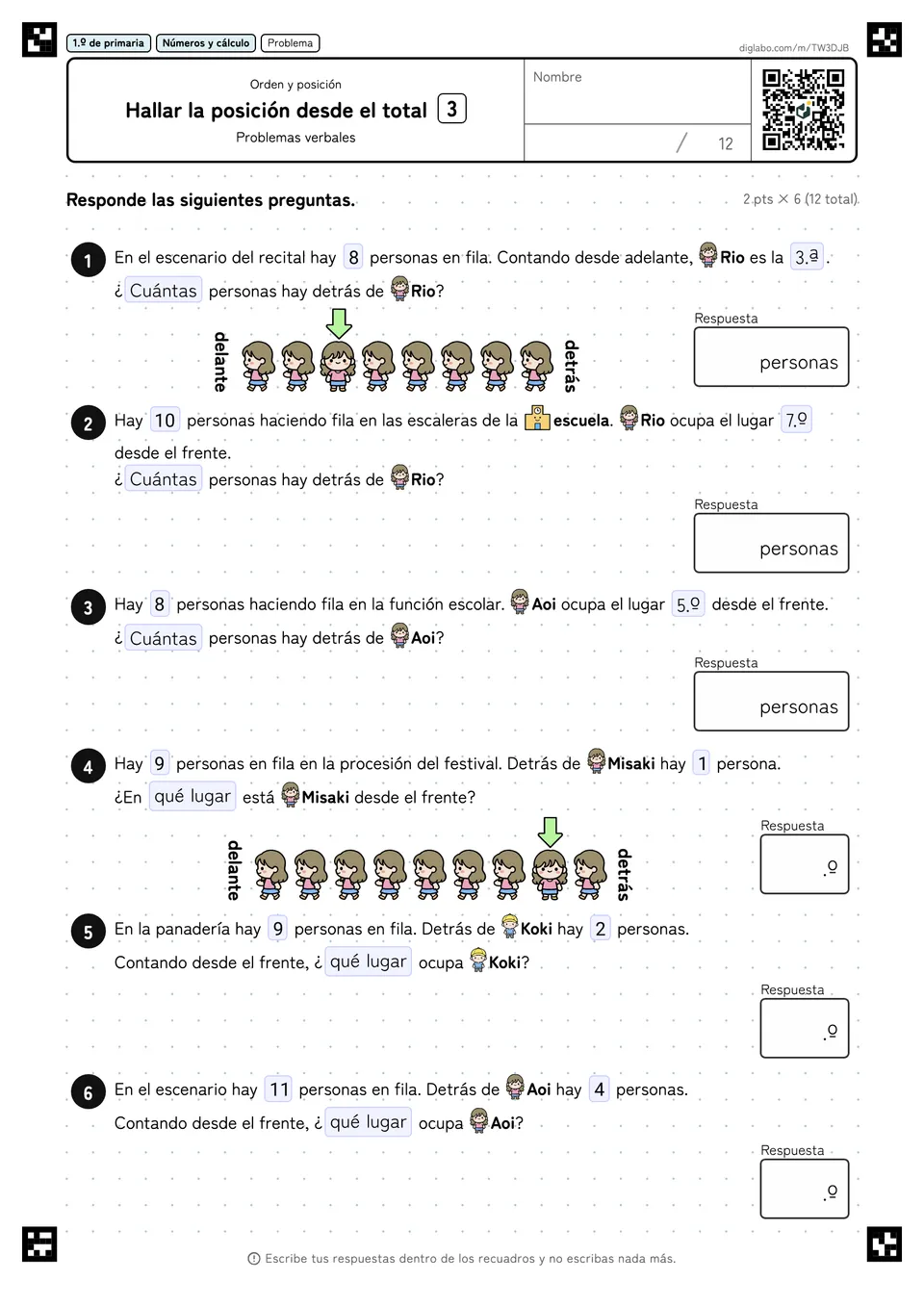 1.º de primaria Orden y posición Hallar la posición desde el total