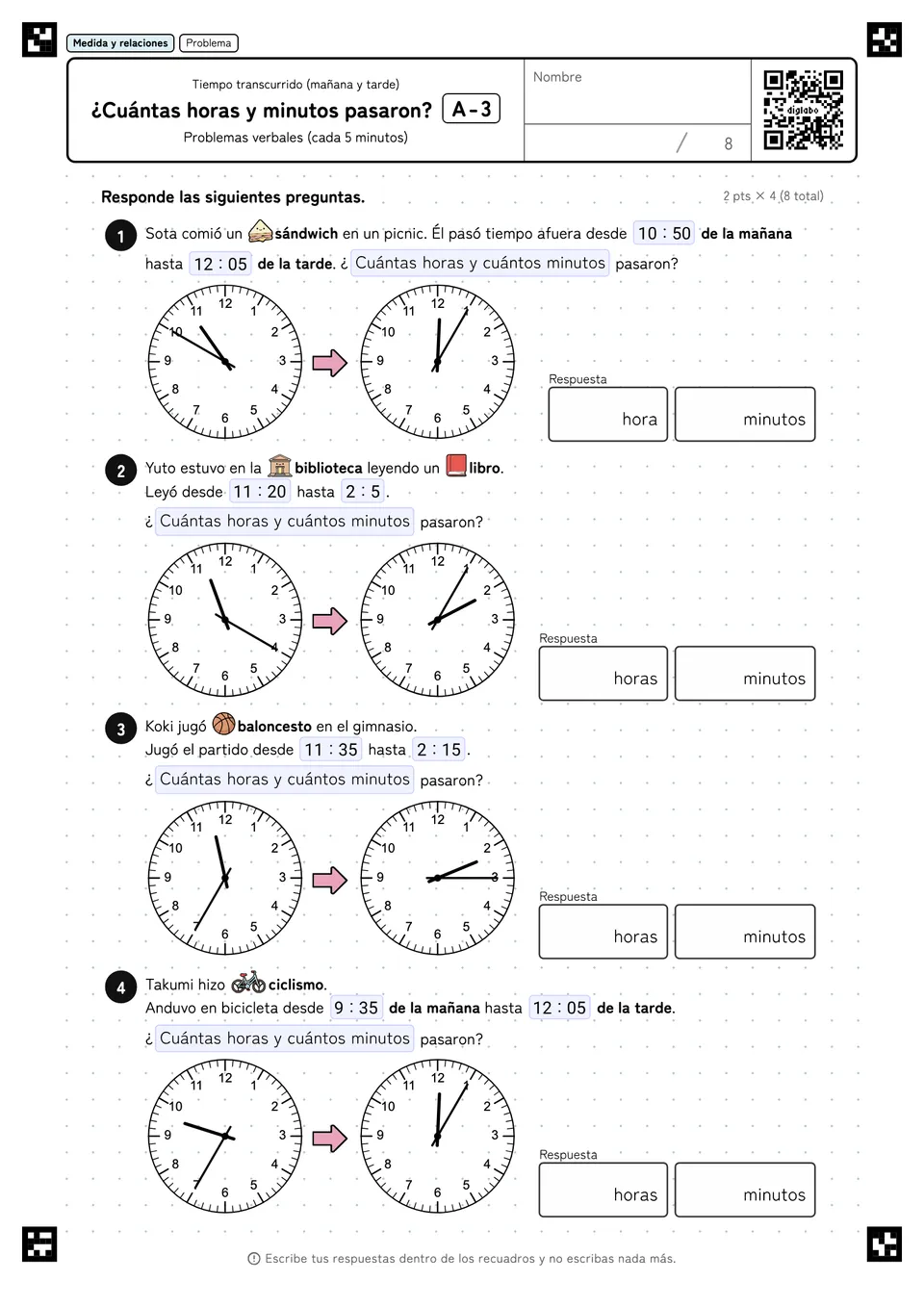 ¿Cuántas horas y minutos pasaron? A-3