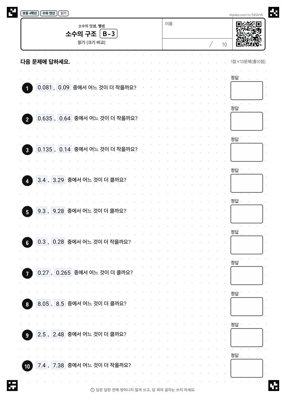초등학교 4학년 소수의 덧셈, 뺄셈 소수의 구조