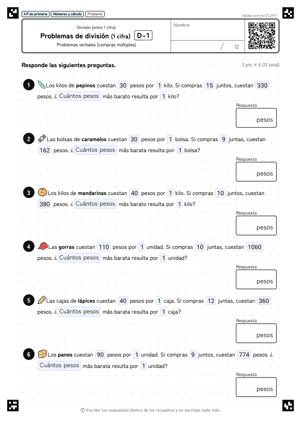 4.º de primaria División (entre 1 cifra) Problemas de división (1 cifra)