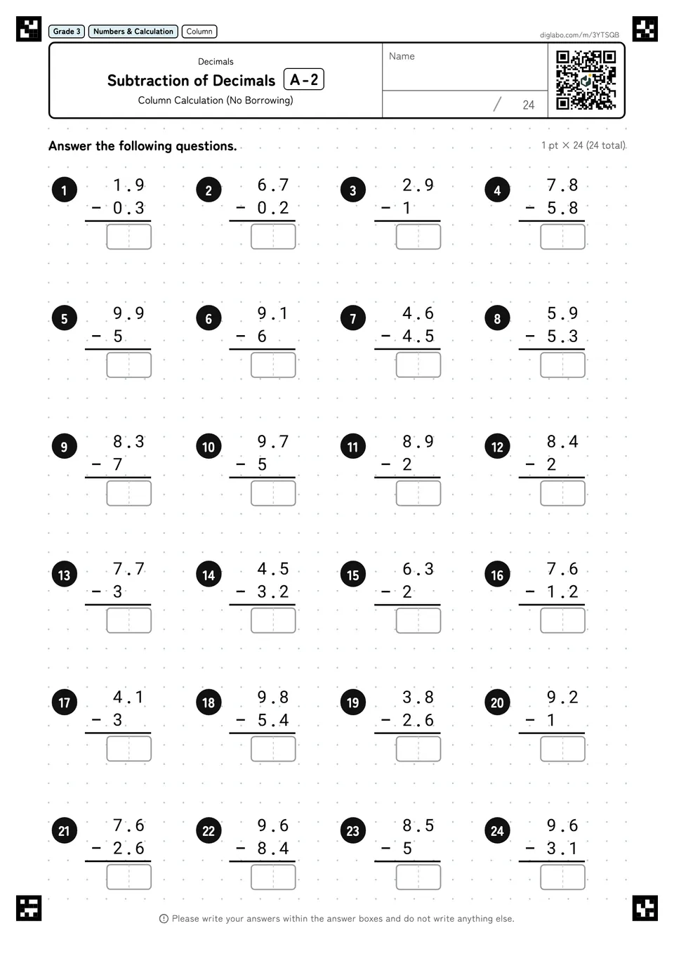 Grade 3 (Elementary School) Decimals Subtraction of Decimals