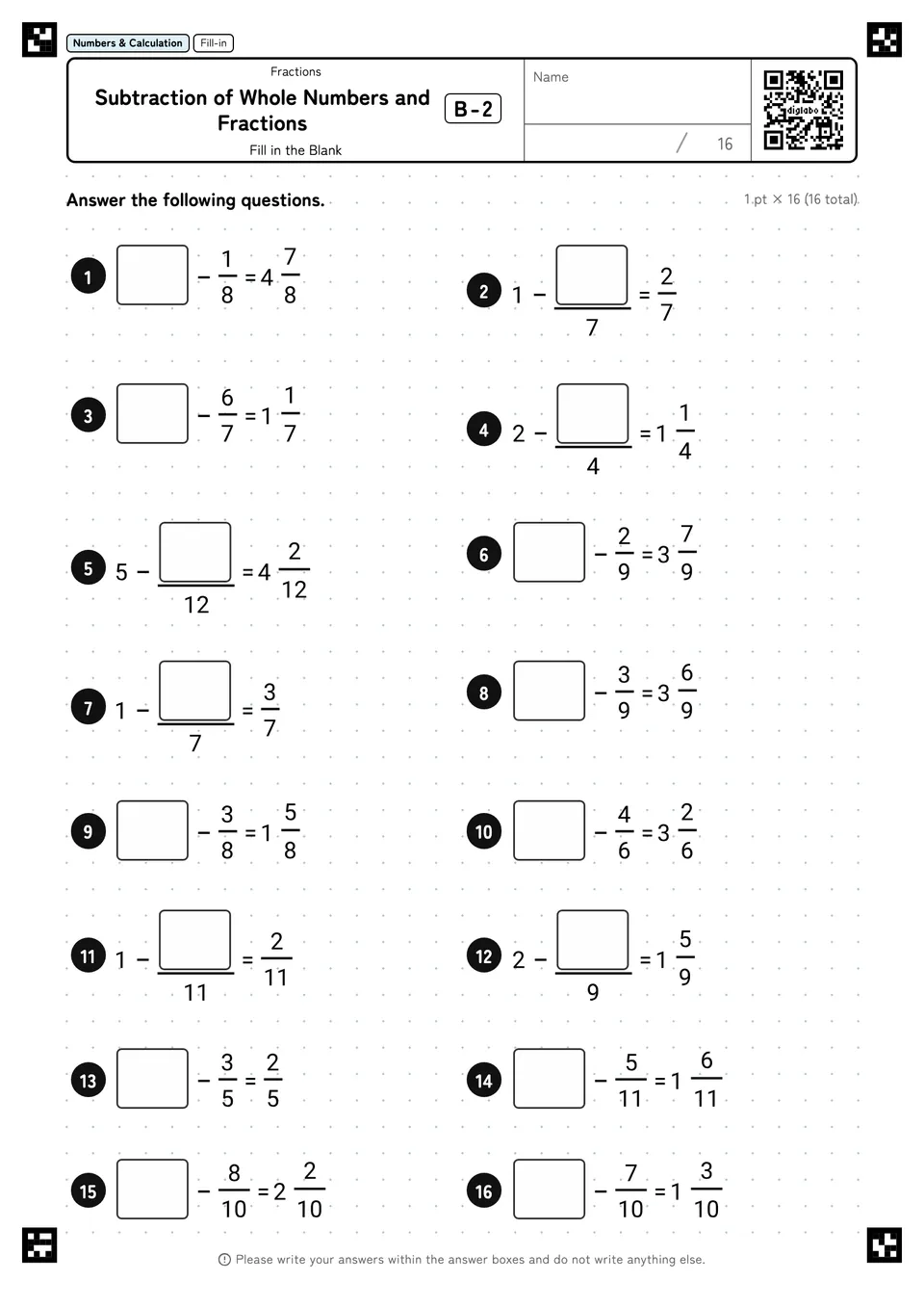 Subtraction of Whole Numbers and Fractions B-2