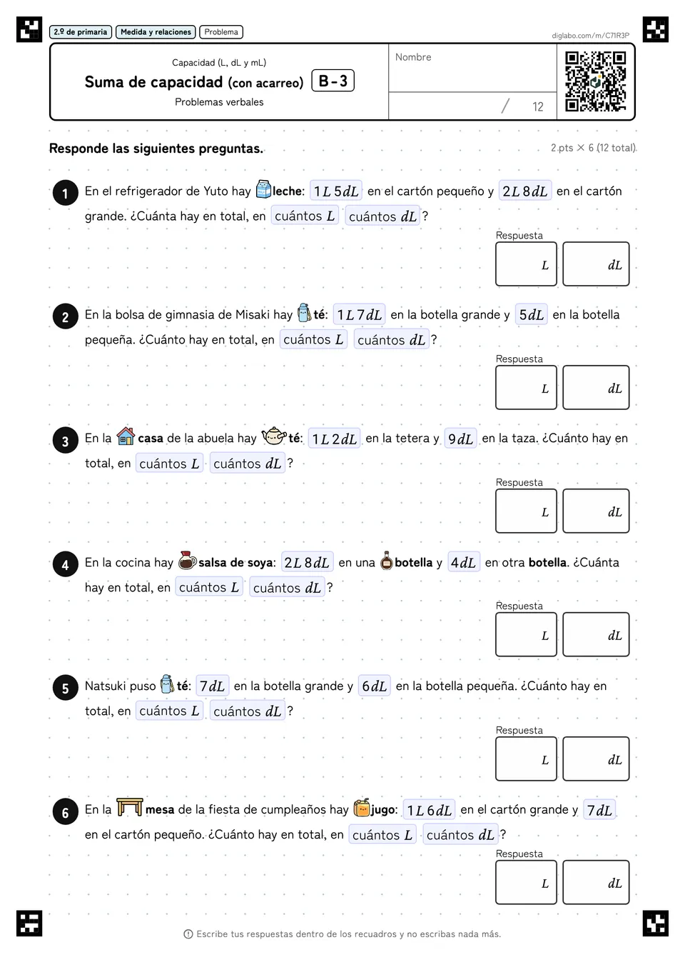 2.º de primaria Capacidad (L, dL y mL) Suma de capacidad (con acarreo)