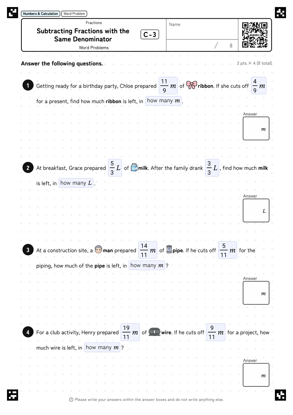 Subtracting Fractions with the Same Denominator C-3