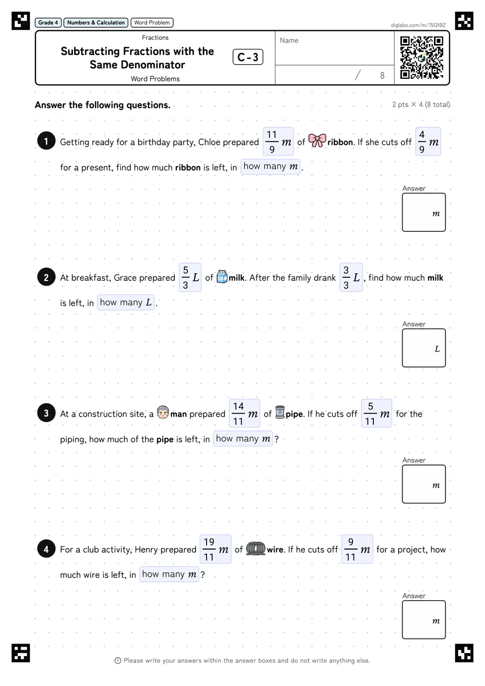 Grade 4 (Elementary School) Fractions Subtracting Fractions with the Same Denominator