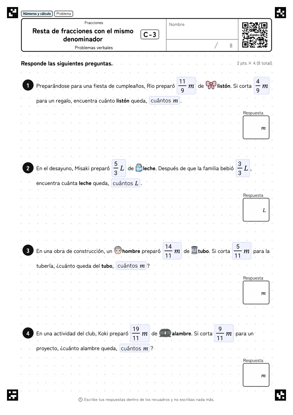Resta de fracciones con el mismo denominador C-3