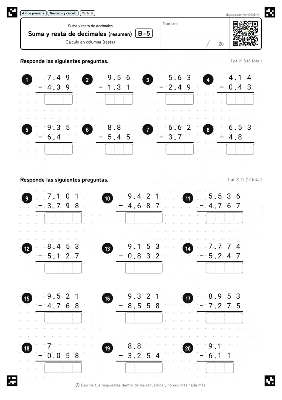 4.º de primaria Suma y resta de decimales Suma y resta de decimales (resumen)