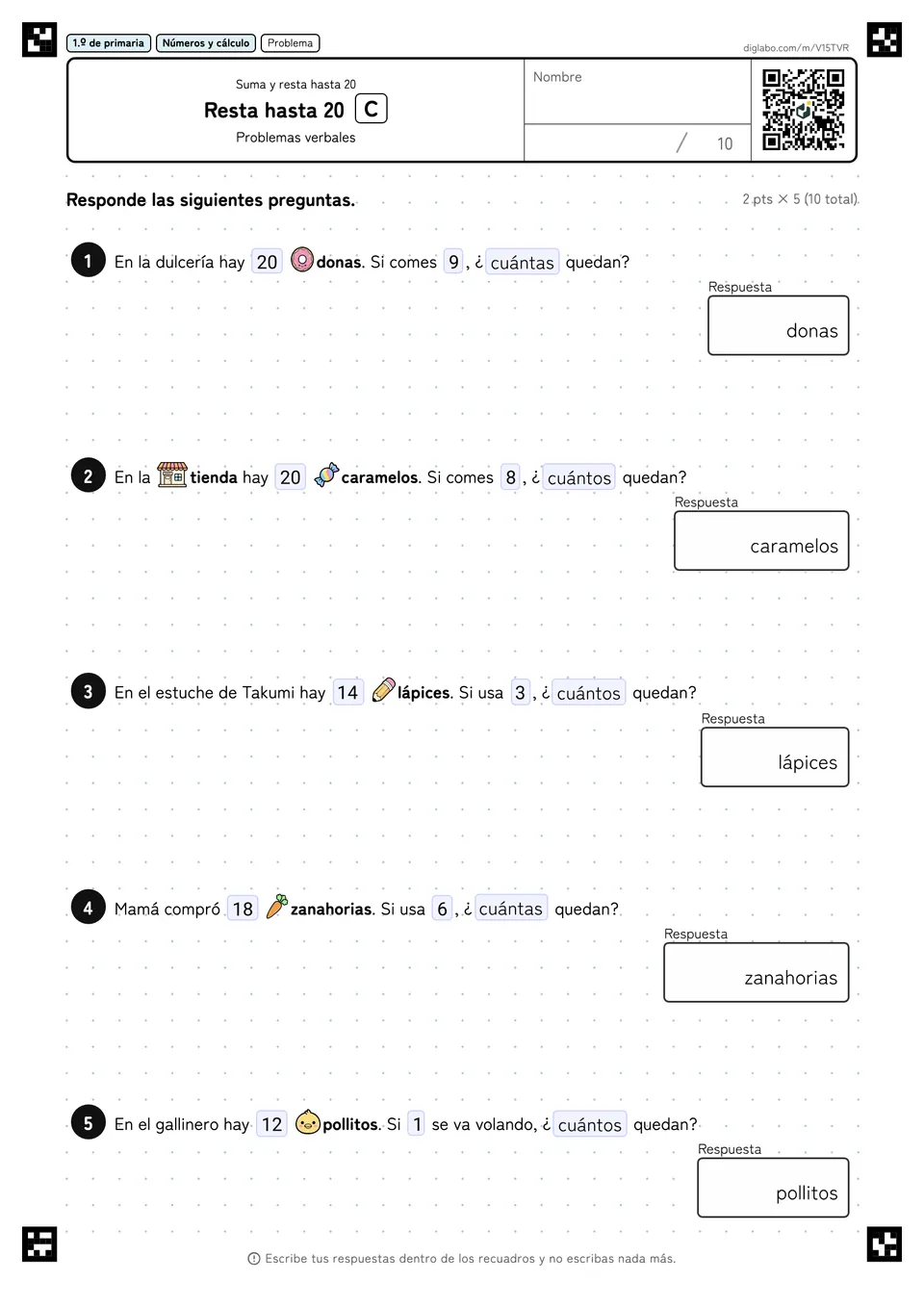 1.º de primaria Suma y resta hasta 20 Resta hasta 20