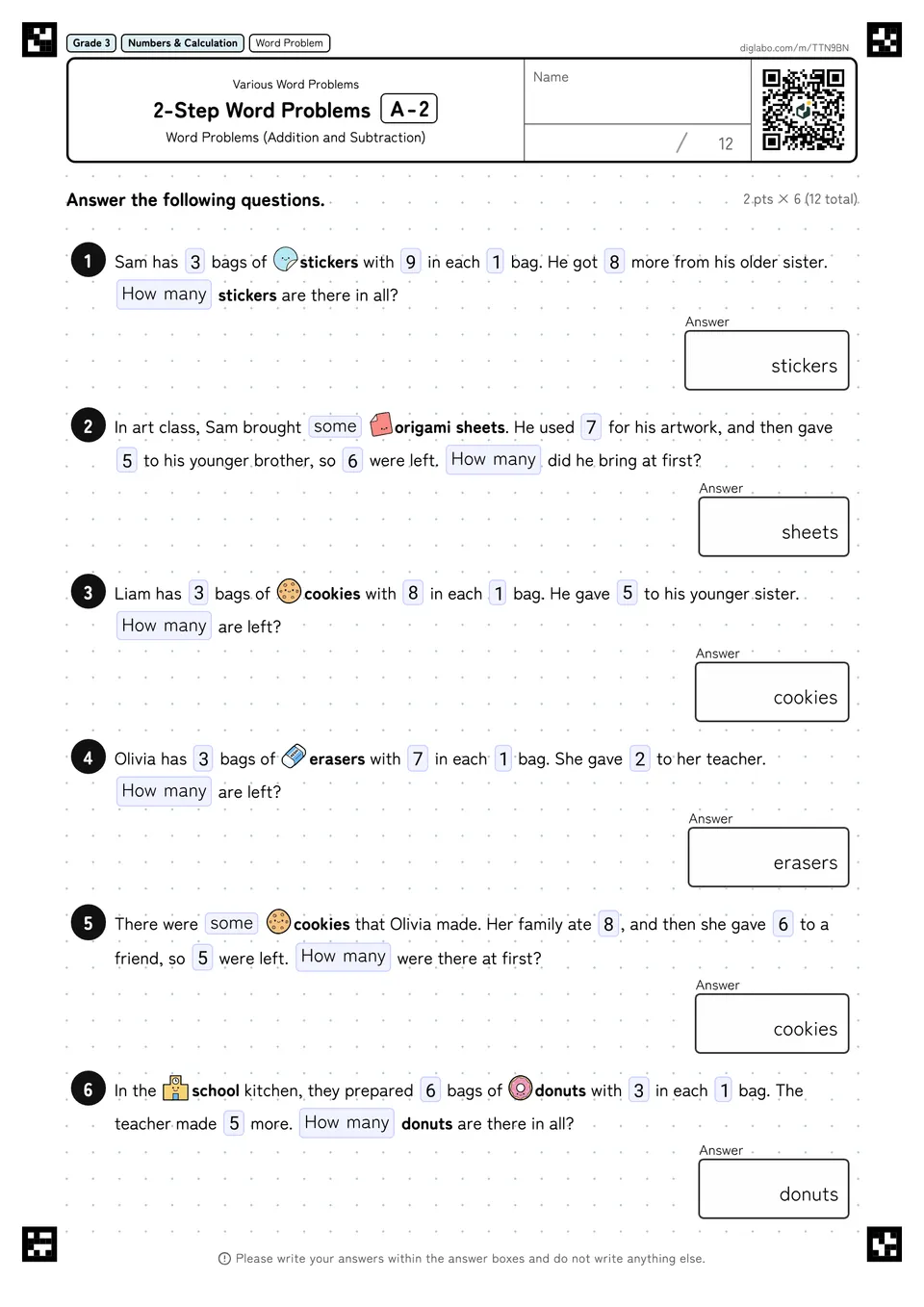 Grade 3 (Elementary School) Various Word Problems 2-Step Word Problems