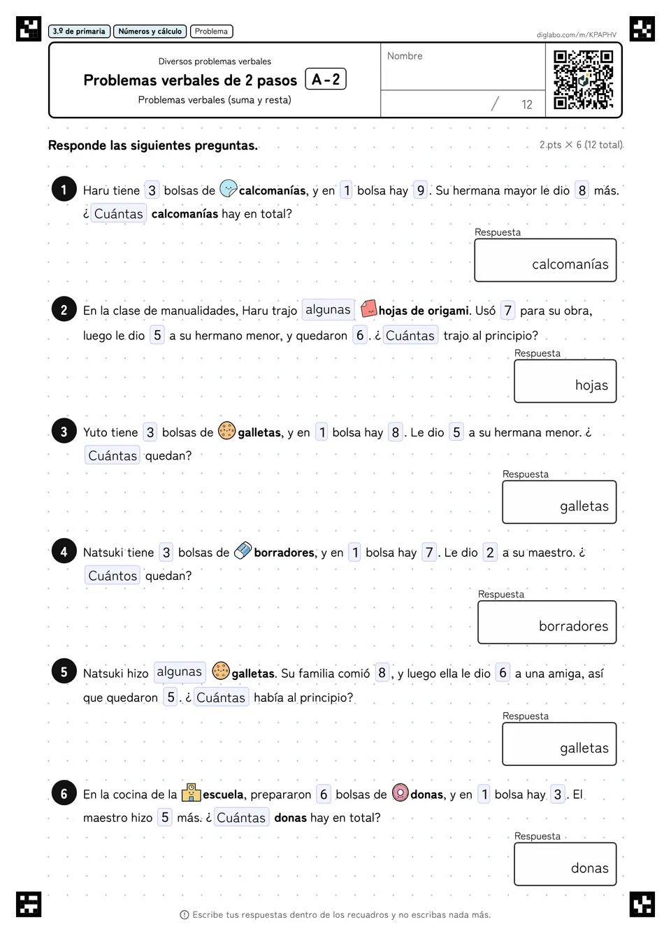 3.º de primaria Diversos problemas verbales Problemas verbales de 2 pasos