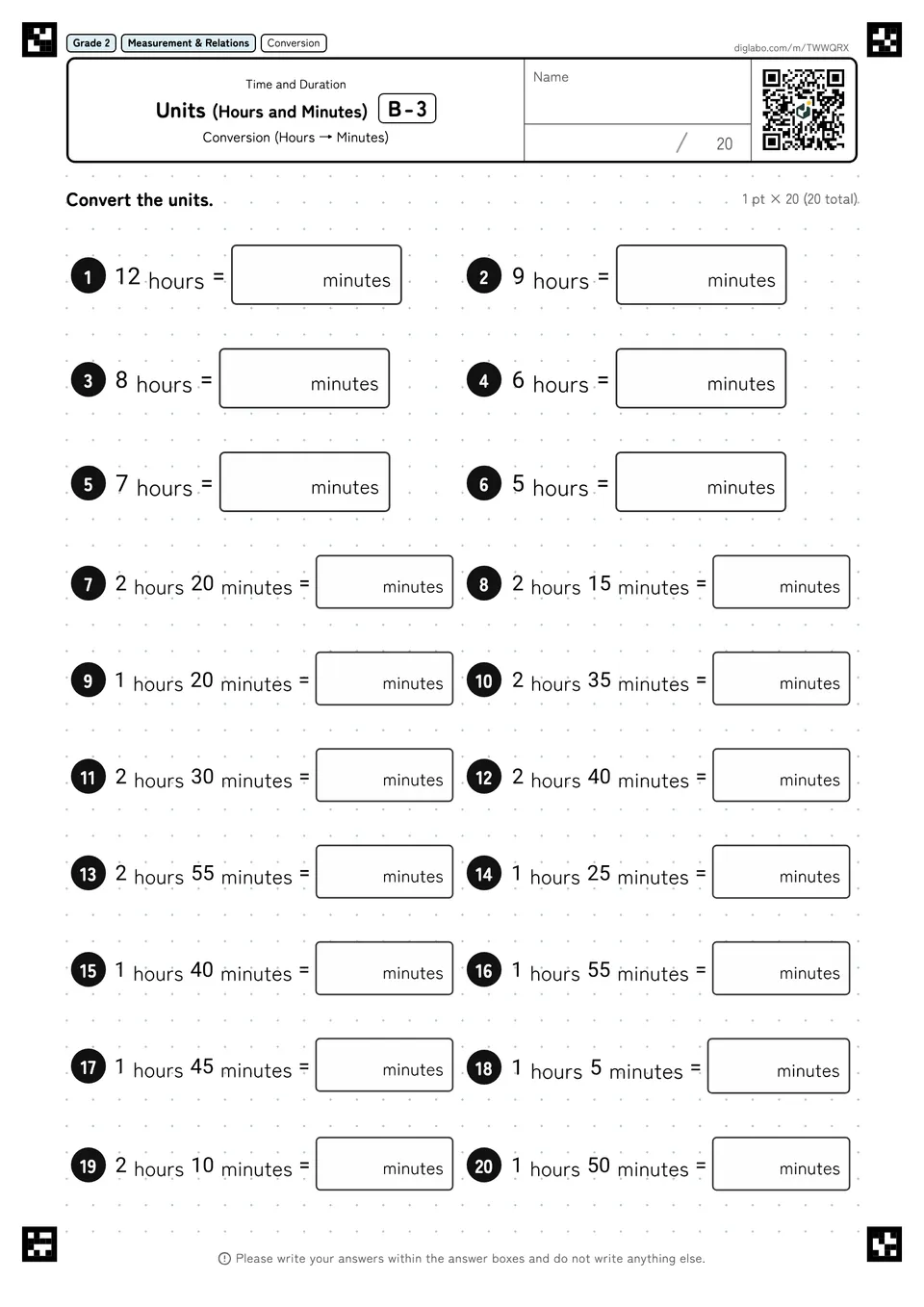 Grade 2 (Elementary School) Time and Duration Units (Hours and Minutes)
