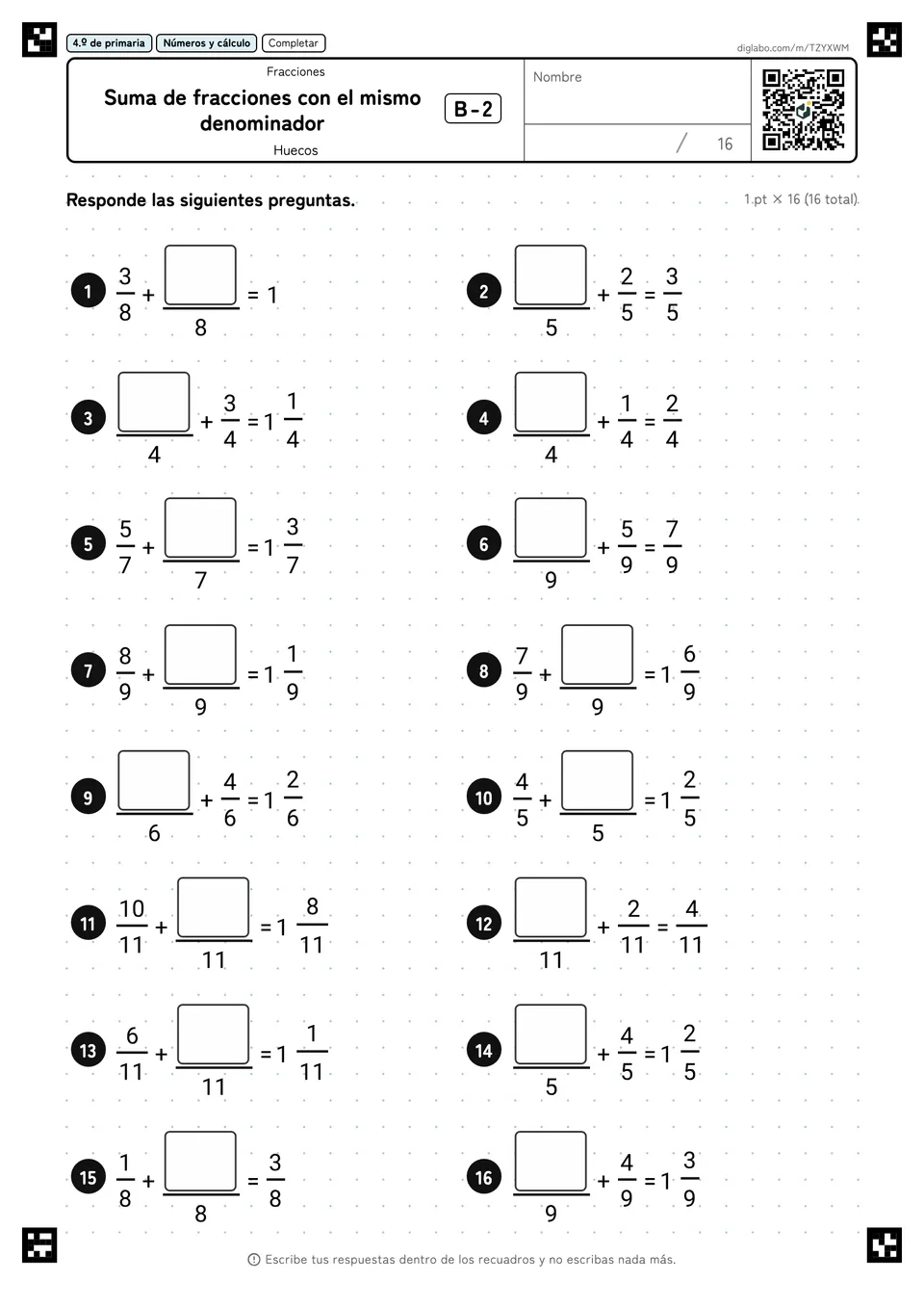 4.º de primaria Fracciones Suma de fracciones con el mismo denominador